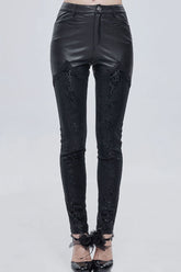 Black Gothic Metal Rose Button Leather Lace Panel Slim Fit Women's Long Pants